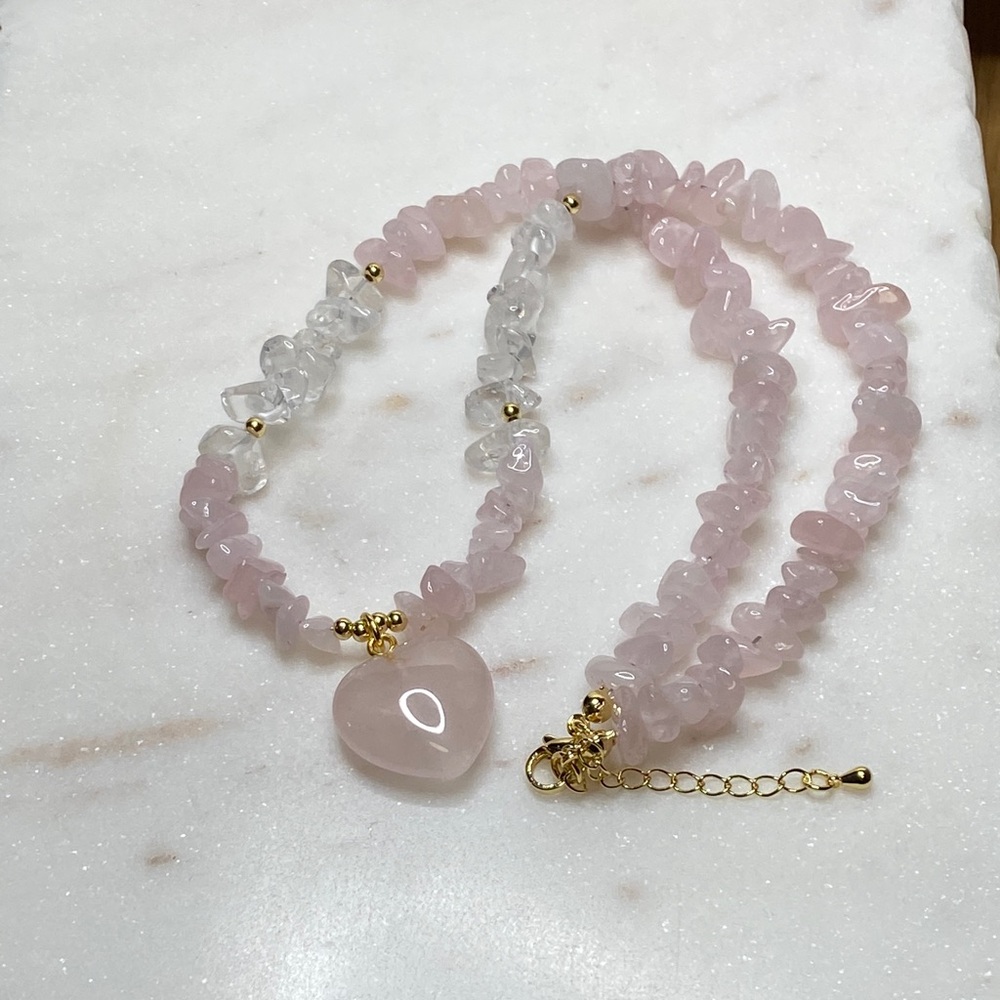 Rose Quartz Heart Pendant Beaded Necklace - Pink - Picture 8 of 9